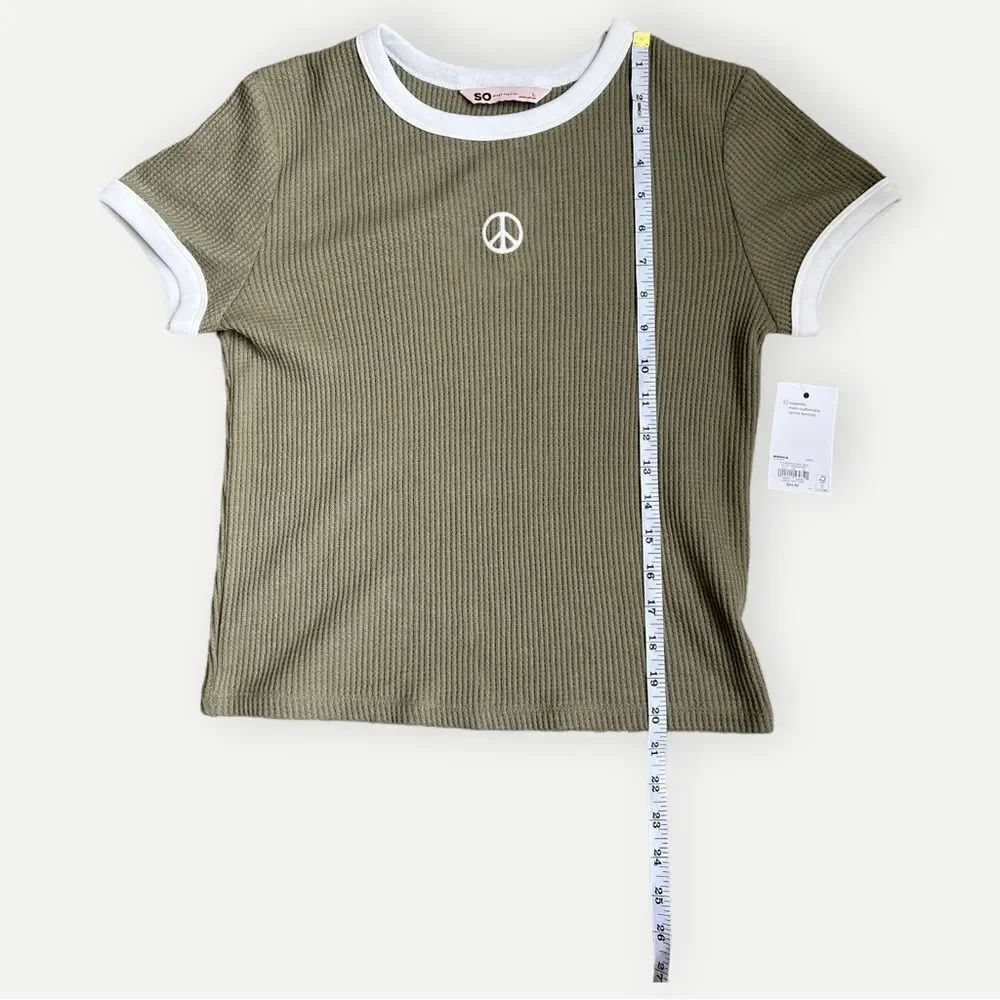 SO Girls Short Sleeve Waffle Knit Peace Sign Ringer Tee. Youth Large. NEW.